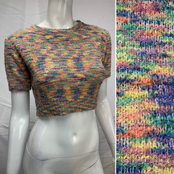 NWT $63 Pretty Garbage Fuzzy Plush Rainbow Short Sleeve Crop Sweater Top Small - Picture 7 of 8